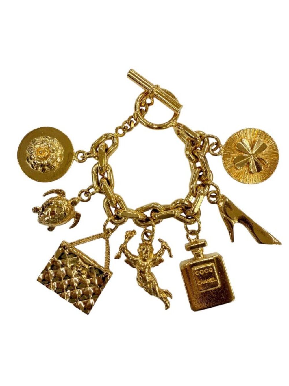 Chanel Vintage Metal Icon Charm 7 Row Bangle Bracelet Gold